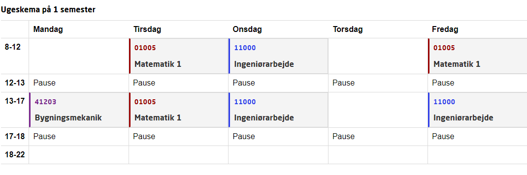 Eksempel på ugeskema