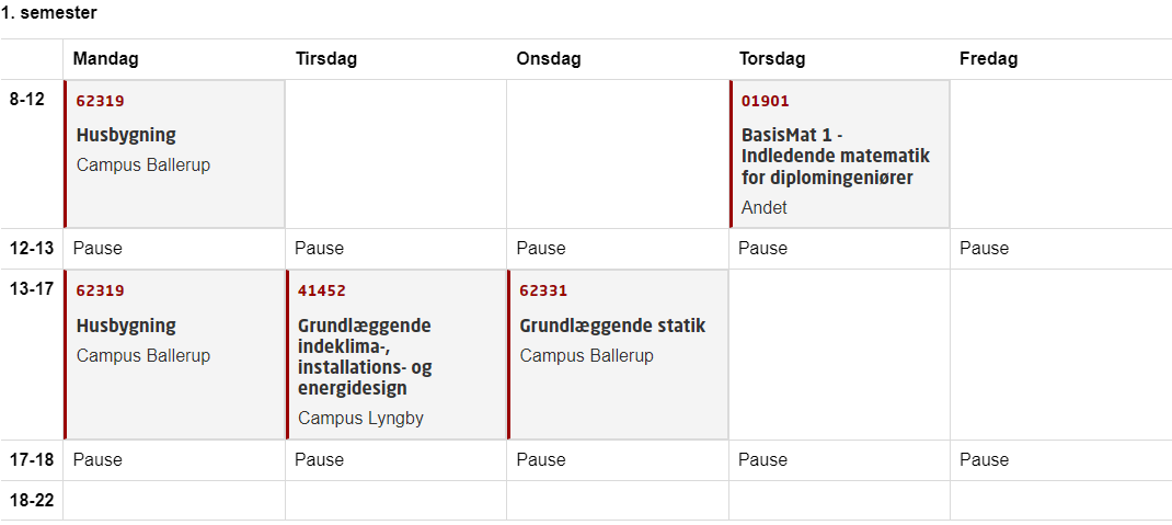 Eksempel på et ugeskema på diplomingeniøruddannelsen